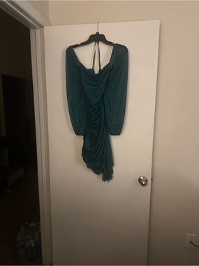 Jump Teal Ruched Asymmetrical Long-Sleeve Dress